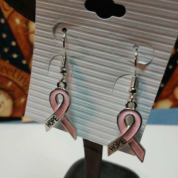 🆕Silver Light Pink Hope Ribbon Enamel Earrings Fish Hook Dangling 1 1/2" - Picture 4 of 7